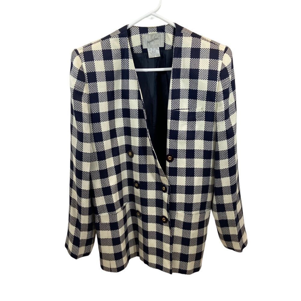 Vintage Jacqueline Ferrar Navy and White Plaid Double Breasted Blazer Size 10